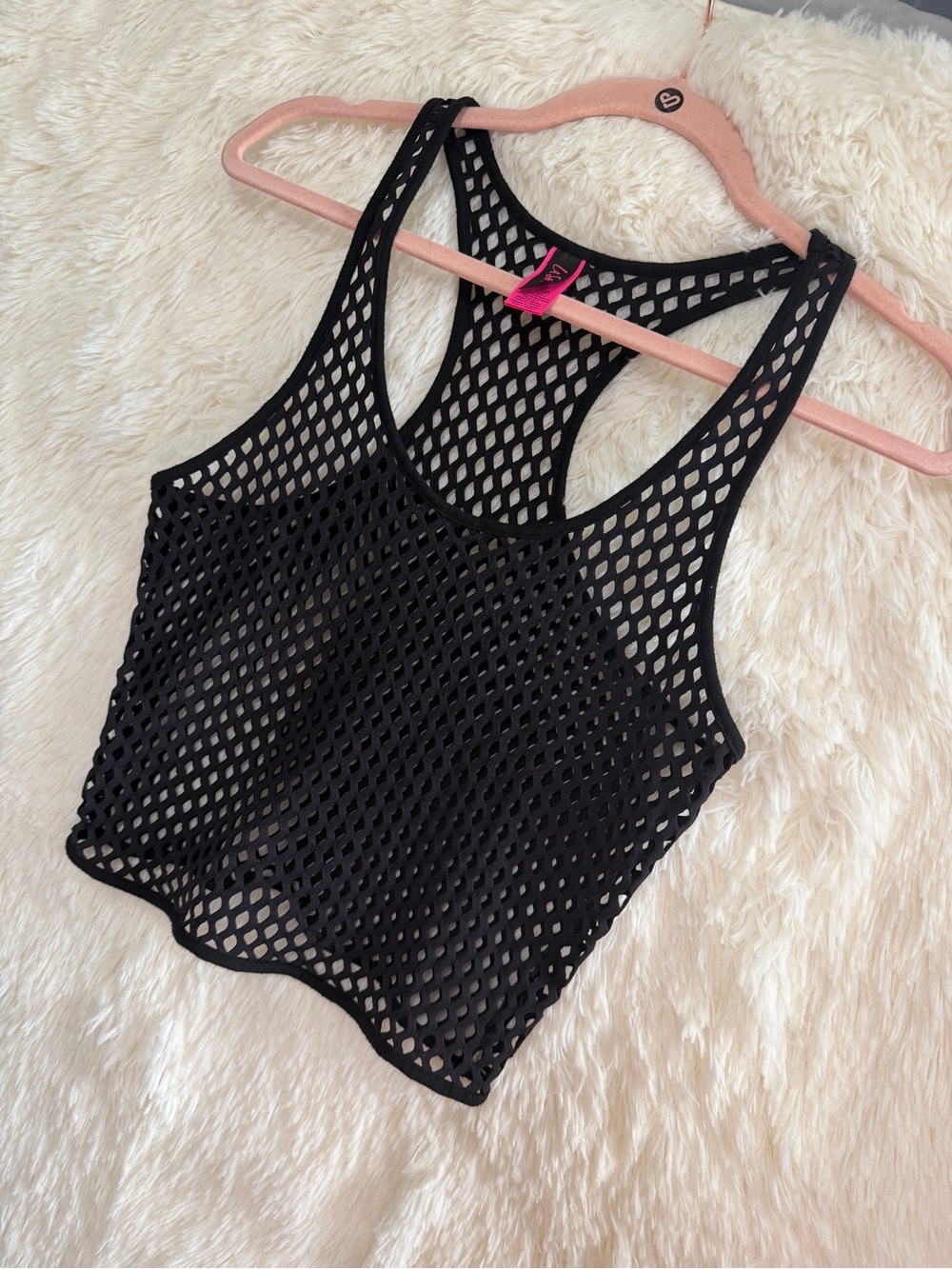 La Senza Womens Fishnet Mesh Racerback Crop Tank Top M Black Goth Grunge Edgy
